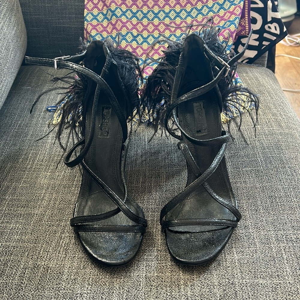TOPSHOP black strappy heels with feathers